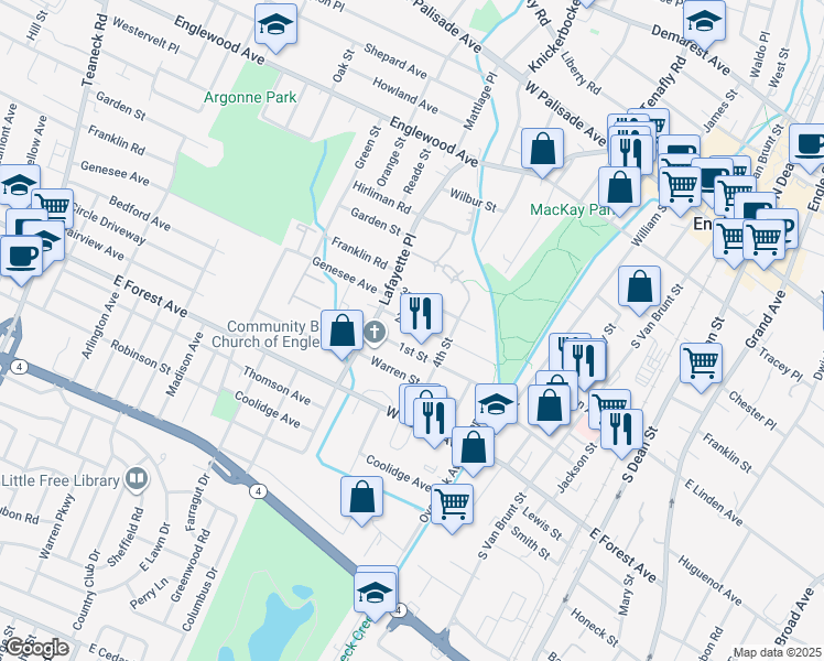map of restaurants, bars, coffee shops, grocery stores, and more near 206 2nd Street in Englewood