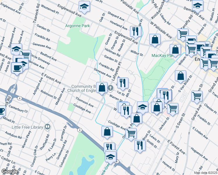 map of restaurants, bars, coffee shops, grocery stores, and more near Lafayette Place & 1st Street in Englewood