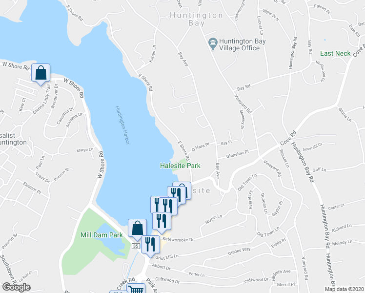map of restaurants, bars, coffee shops, grocery stores, and more near 48 East Shore Road in Huntington