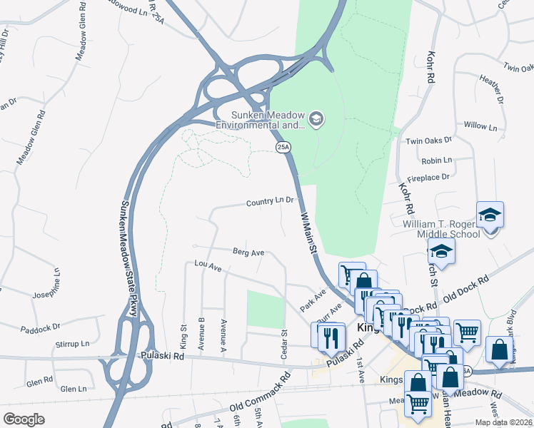 map of restaurants, bars, coffee shops, grocery stores, and more near 12 Russett Ct in Kings Park