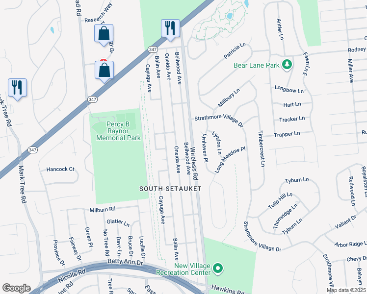 map of restaurants, bars, coffee shops, grocery stores, and more near 54 Bellwood Avenue in Centereach