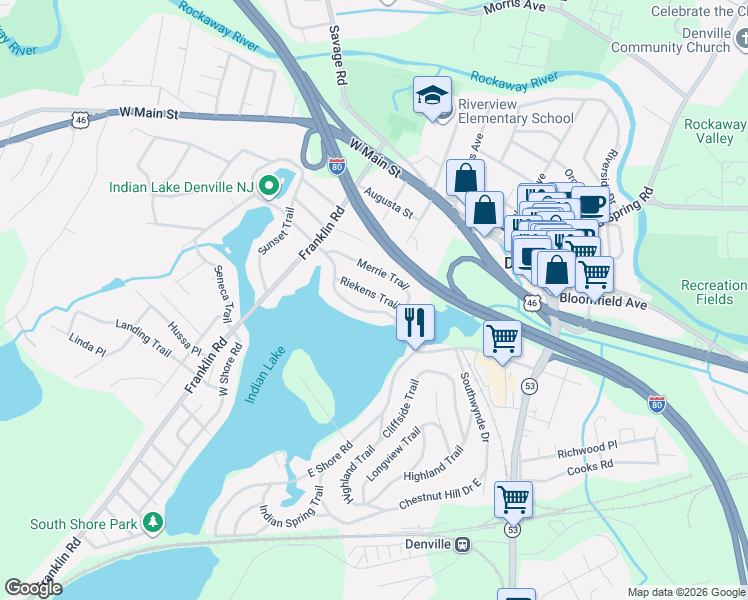 map of restaurants, bars, coffee shops, grocery stores, and more near 17 Riekens Trail in Denville