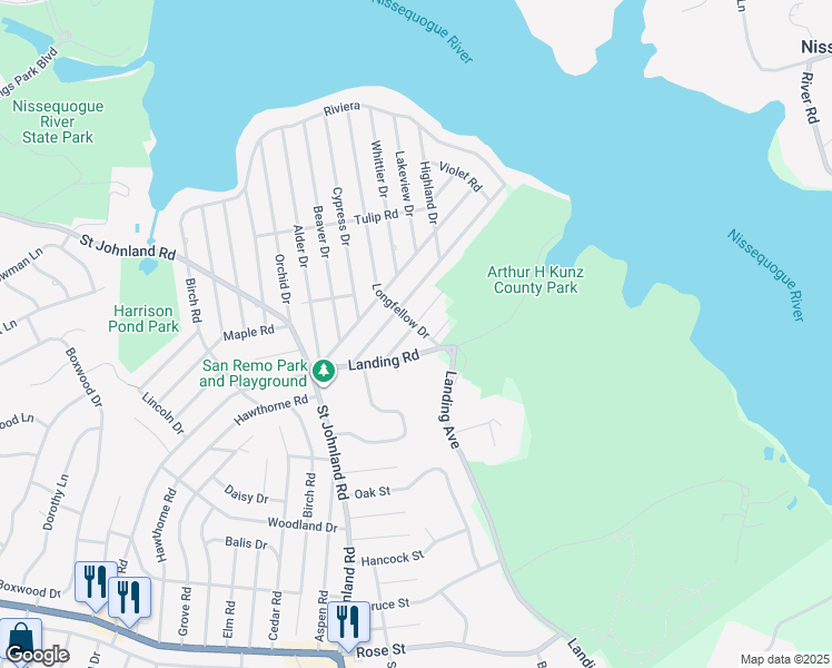 map of restaurants, bars, coffee shops, grocery stores, and more near 25 Acacia Road in Kings Park