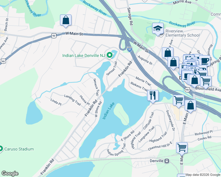 map of restaurants, bars, coffee shops, grocery stores, and more near 80 Franklin Road in Denville