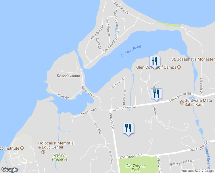 map of restaurants, bars, coffee shops, grocery stores, and more near 12 Barbara Lane in Glen Cove