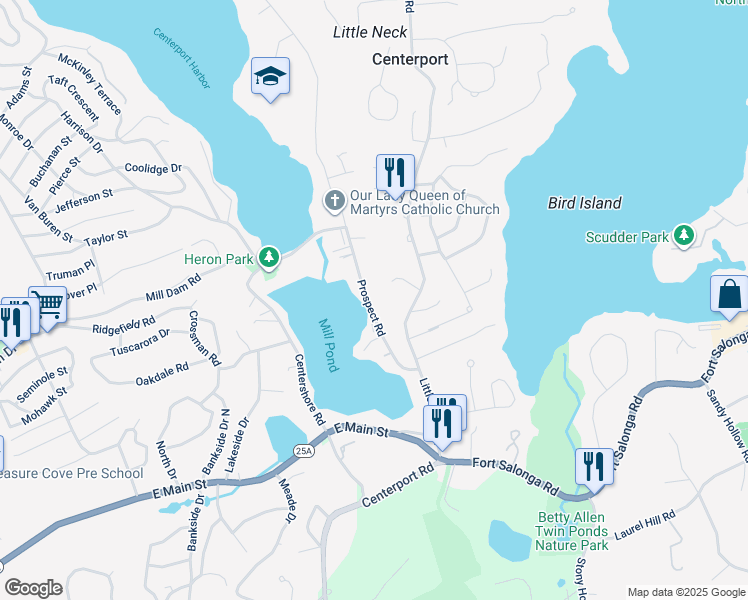 map of restaurants, bars, coffee shops, grocery stores, and more near 30 Prospect Road in Centerport