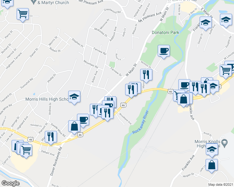 map of restaurants, bars, coffee shops, grocery stores, and more near 95 Meadowview Avenue in Rockaway