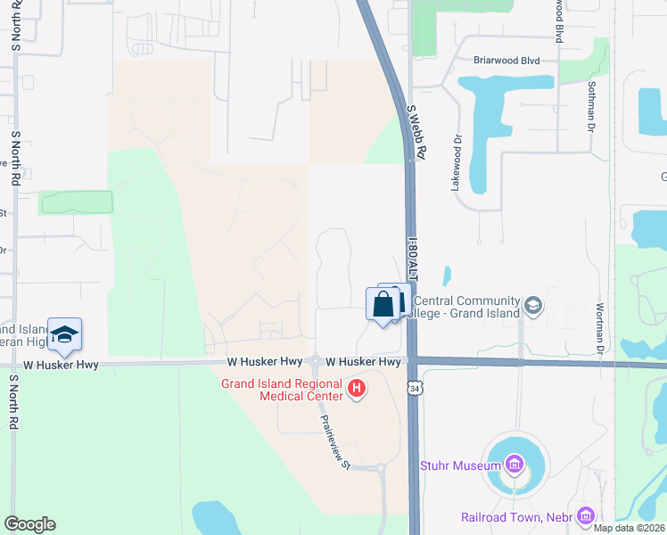 map of restaurants, bars, coffee shops, grocery stores, and more near 104 Lakeview Circle in Grand Island