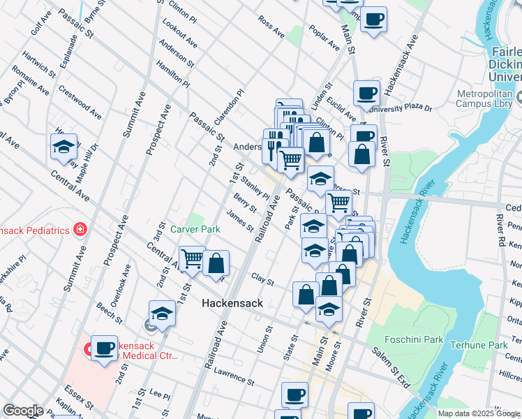map of restaurants, bars, coffee shops, grocery stores, and more near 170 Berry Street in Hackensack