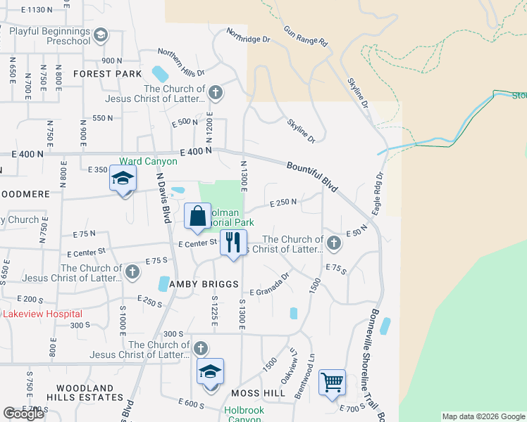 map of restaurants, bars, coffee shops, grocery stores, and more near 1352 East 250 North in Bountiful