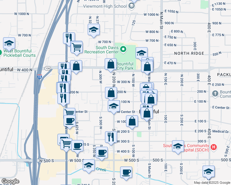 map of restaurants, bars, coffee shops, grocery stores, and more near 172 West 200 North in Bountiful