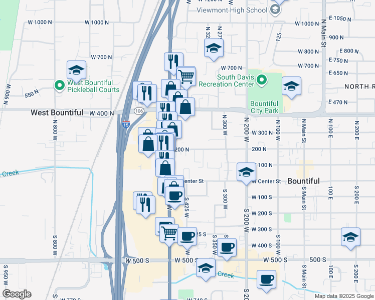 map of restaurants, bars, coffee shops, grocery stores, and more near 458 West 200 North in Bountiful