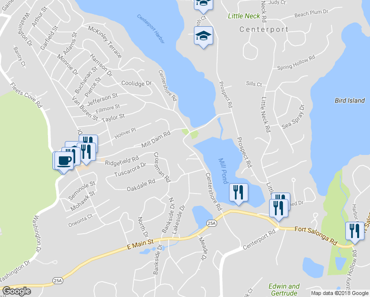 map of restaurants, bars, coffee shops, grocery stores, and more near 68-100 Centershore Road in Centerport