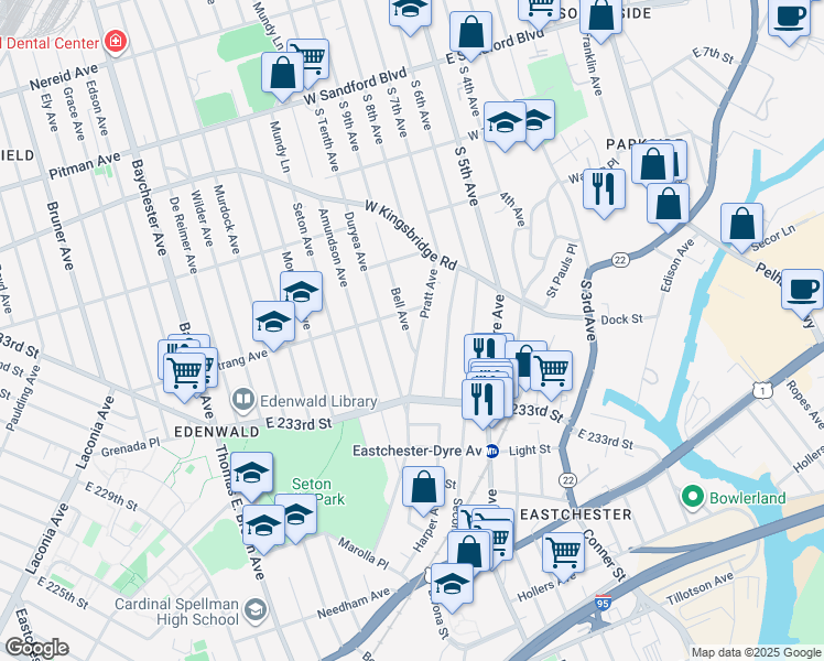 map of restaurants, bars, coffee shops, grocery stores, and more near 3968 Bell Avenue in Bronx
