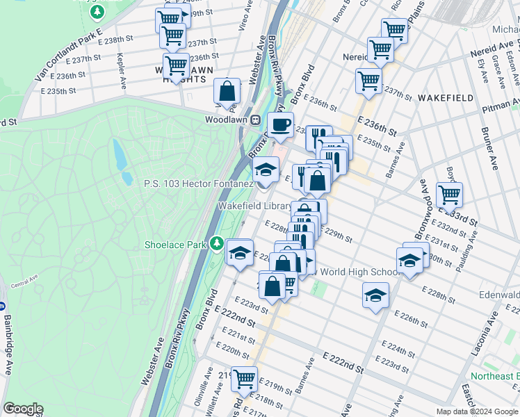 map of restaurants, bars, coffee shops, grocery stores, and more near 629 East 229th Street in Bronx