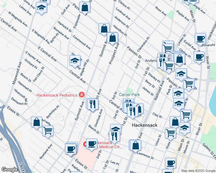 map of restaurants, bars, coffee shops, grocery stores, and more near 260 Prospect Avenue in Hackensack