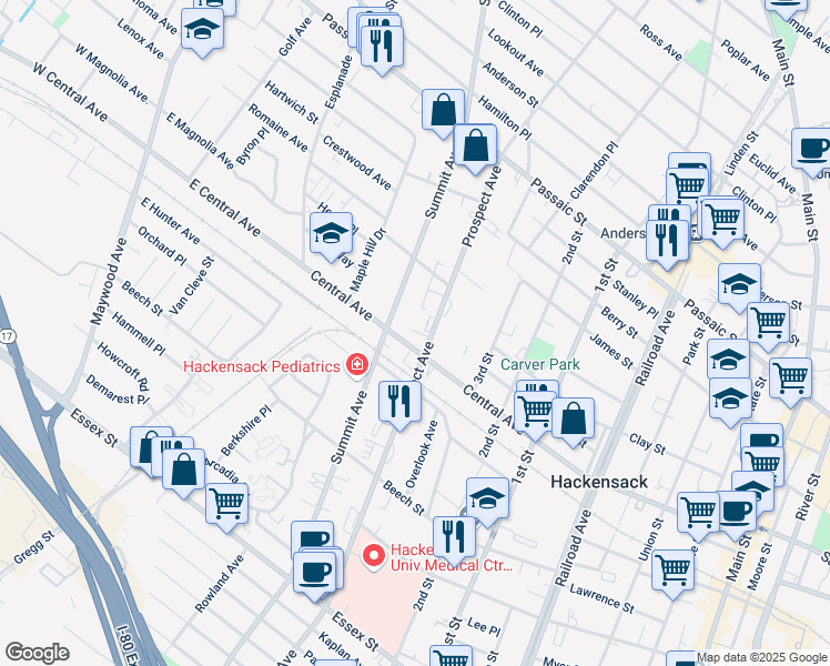 map of restaurants, bars, coffee shops, grocery stores, and more near 235 Prospect Avenue in Hackensack