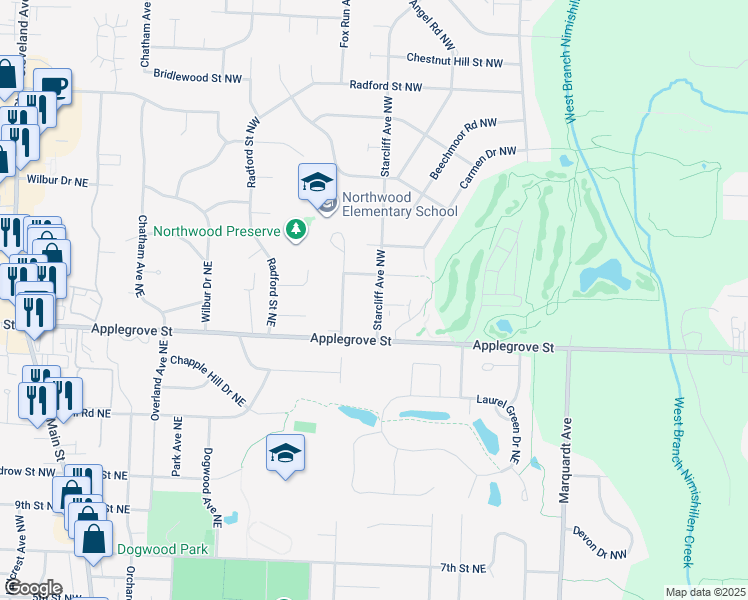 map of restaurants, bars, coffee shops, grocery stores, and more near 7155 Starcliff Avenue Northwest in North Canton