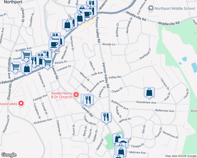 map of restaurants, bars, coffee shops, grocery stores, and more near 47 Roosevelt Avenue in East Northport