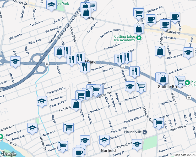 map of restaurants, bars, coffee shops, grocery stores, and more near 401 Van Bussum Ave in Garfield