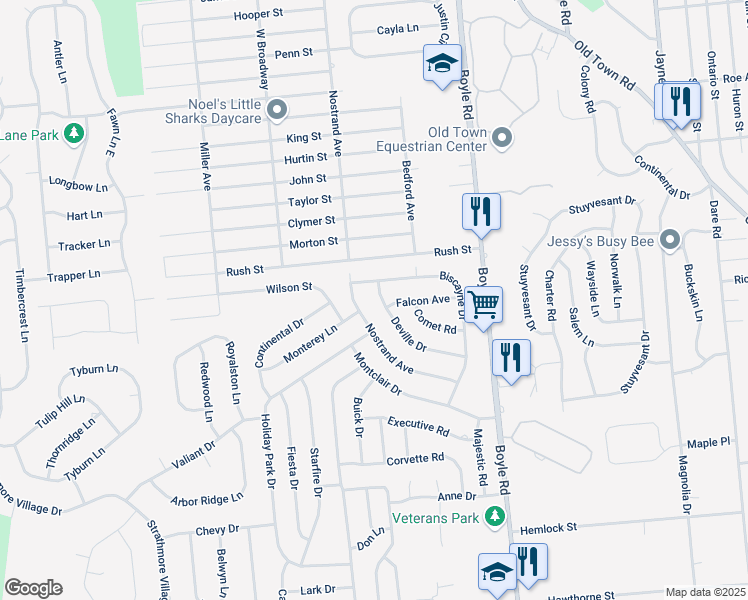 map of restaurants, bars, coffee shops, grocery stores, and more near 29 Deville Drive in Selden