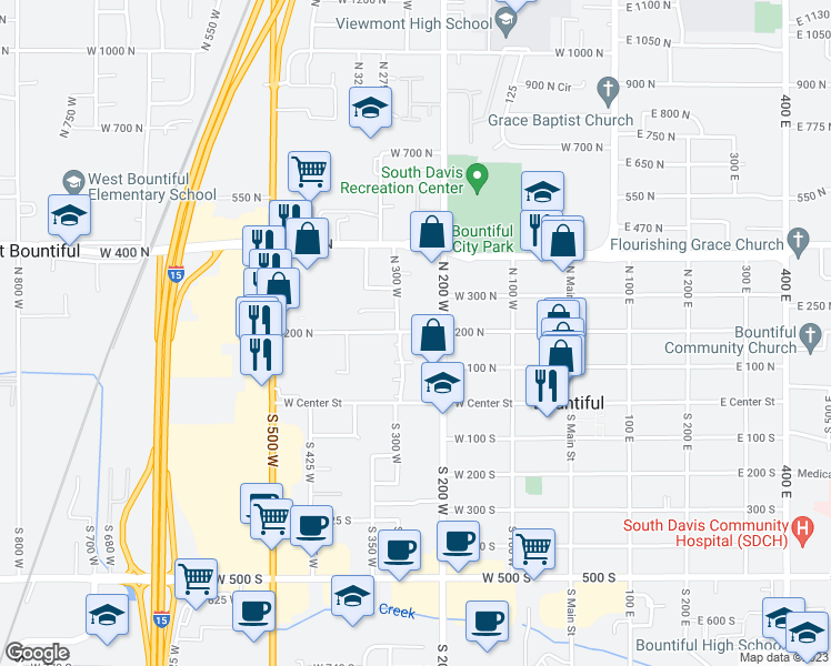 map of restaurants, bars, coffee shops, grocery stores, and more near 251 West 200 North in Bountiful