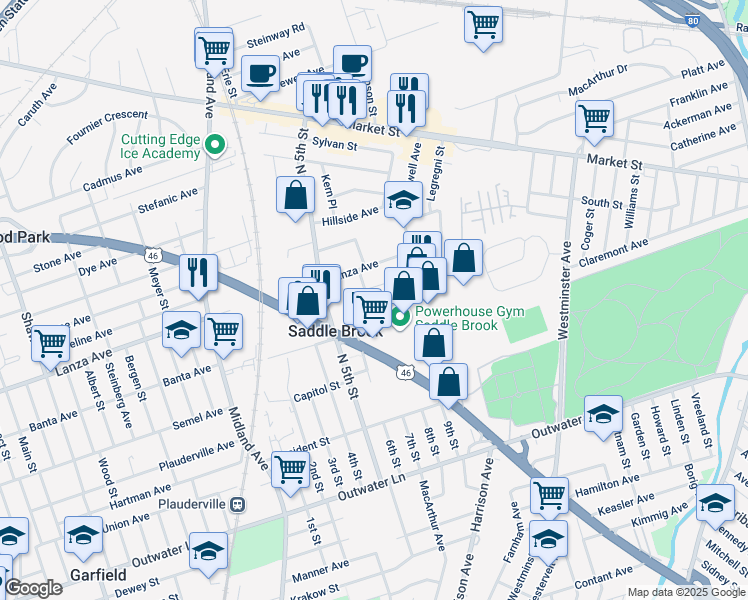 map of restaurants, bars, coffee shops, grocery stores, and more near 188 North 7th Street in Saddle Brook