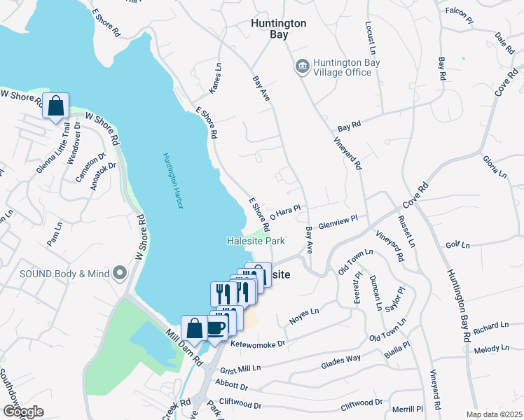 map of restaurants, bars, coffee shops, grocery stores, and more near 48 East Shore Road in Huntington