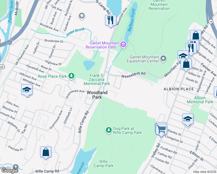 map of restaurants, bars, coffee shops, grocery stores, and more near 19 Park Drive in Woodland Park