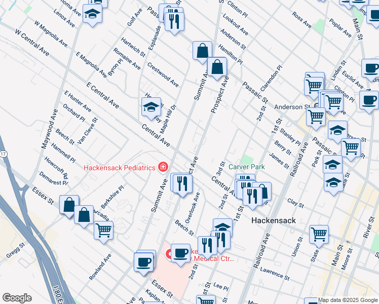 map of restaurants, bars, coffee shops, grocery stores, and more near 235 Prospect Avenue in Hackensack