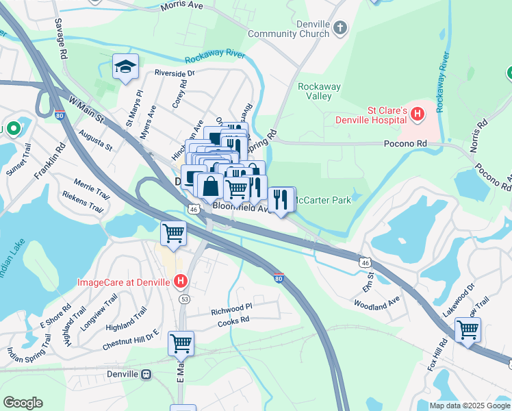 map of restaurants, bars, coffee shops, grocery stores, and more near 75 Broadway in Denville