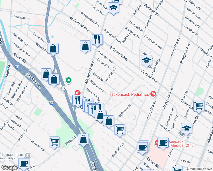 map of restaurants, bars, coffee shops, grocery stores, and more near 92 Beech Street in Maywood