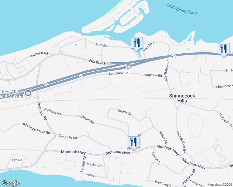 map of restaurants, bars, coffee shops, grocery stores, and more near 121 Boathouse Road in Southampton