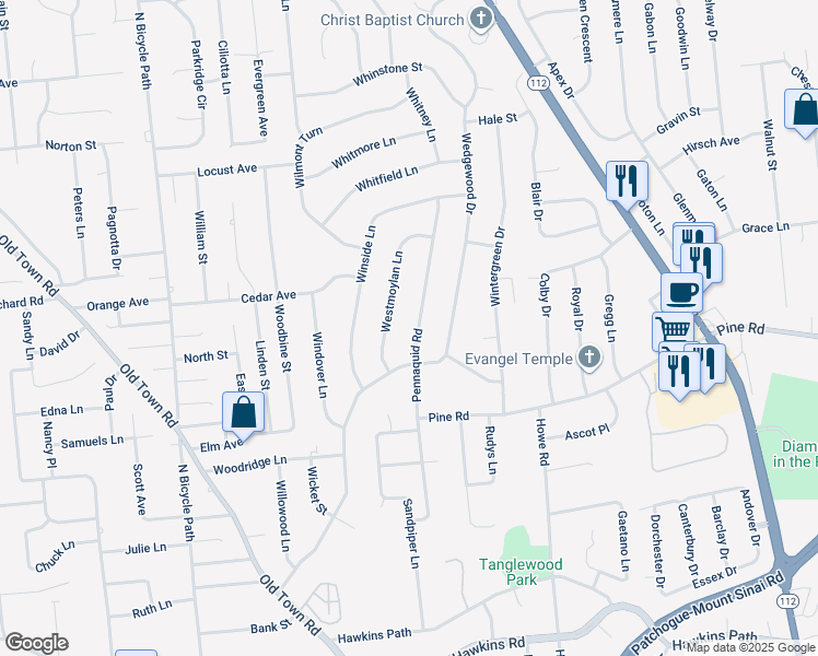 map of restaurants, bars, coffee shops, grocery stores, and more near 26 Pennaquid Road in Coram