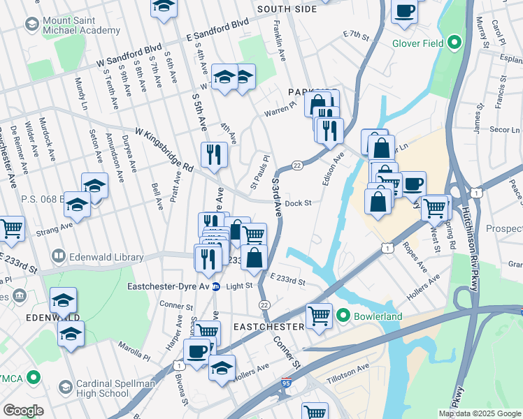 map of restaurants, bars, coffee shops, grocery stores, and more near 144 East Kingsbridge Road in Mount Vernon