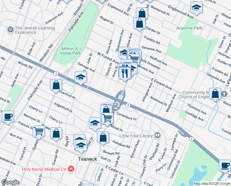 map of restaurants, bars, coffee shops, grocery stores, and more near 1086 Teaneck Road in Teaneck