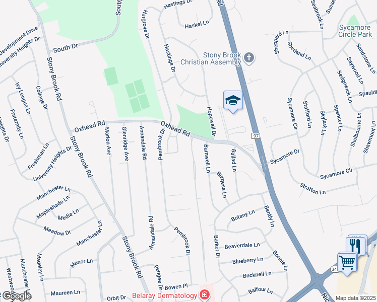 map of restaurants, bars, coffee shops, grocery stores, and more near 23 Knolls Drive in Stony Brook