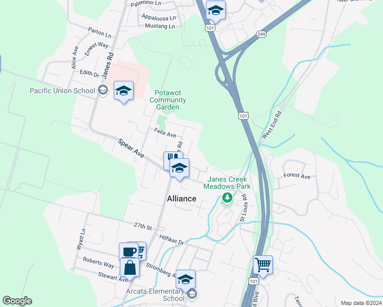 map of restaurants, bars, coffee shops, grocery stores, and more near 3400 Zelia Court in Arcata