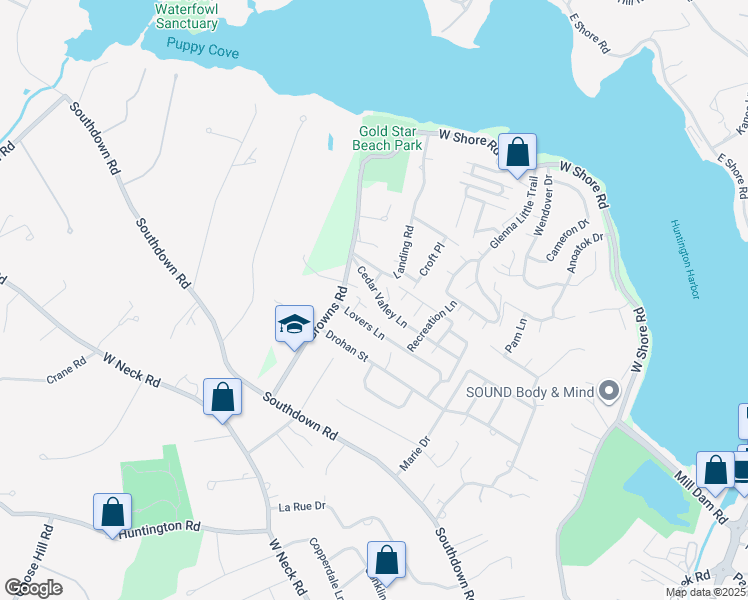 map of restaurants, bars, coffee shops, grocery stores, and more near 17 Cedar Valley Lane in Huntington