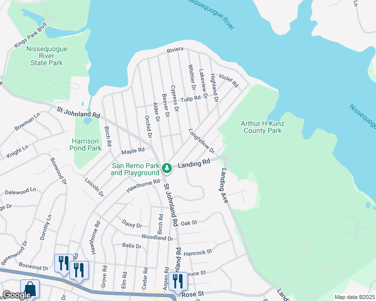 map of restaurants, bars, coffee shops, grocery stores, and more near 10 Walnut Road in Kings Park