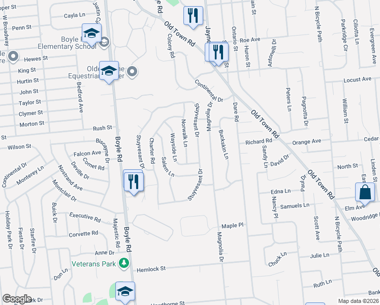 map of restaurants, bars, coffee shops, grocery stores, and more near 181 Stuyvesant Drive in Selden