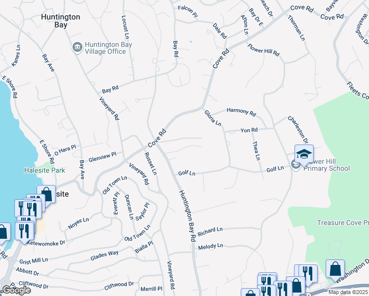 map of restaurants, bars, coffee shops, grocery stores, and more near 12 Auserehl Court in Huntington