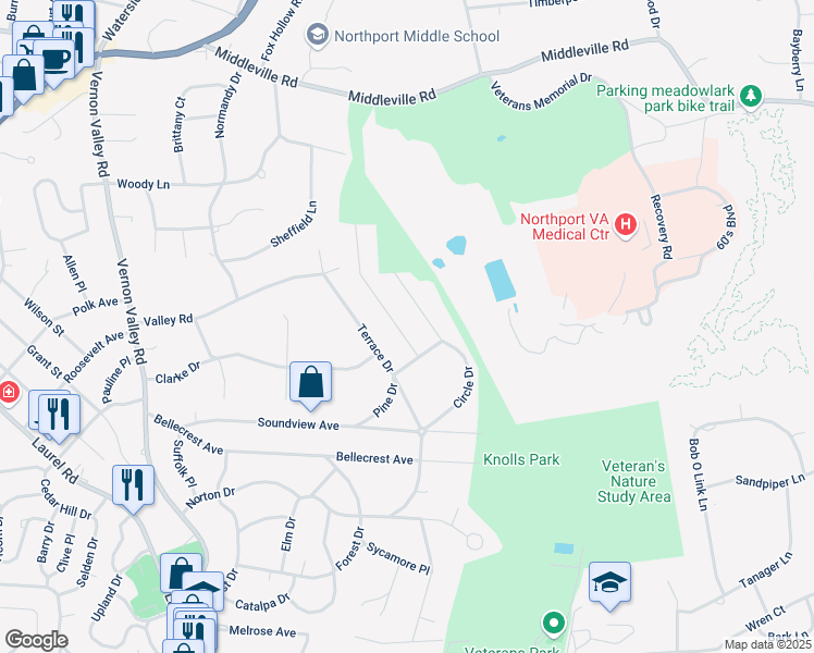 map of restaurants, bars, coffee shops, grocery stores, and more near 14 Kalmia Street in East Northport