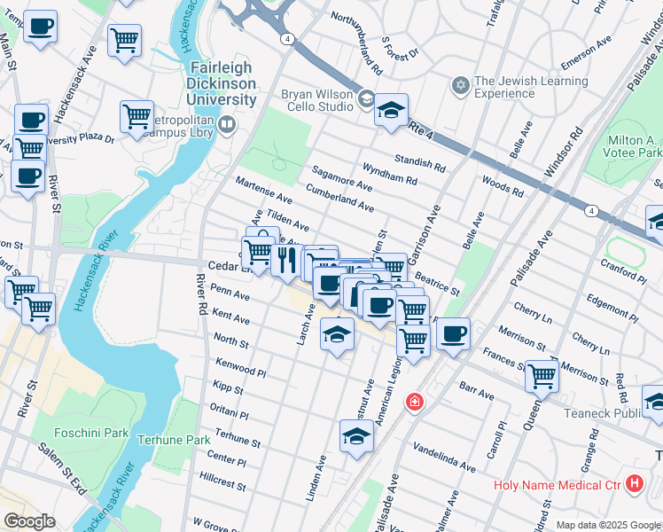 map of restaurants, bars, coffee shops, grocery stores, and more near 522 Maple Ave in Teaneck
