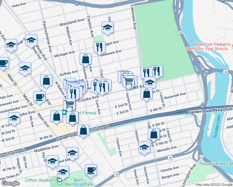 map of restaurants, bars, coffee shops, grocery stores, and more near 295 Crooks Avenue in Clifton