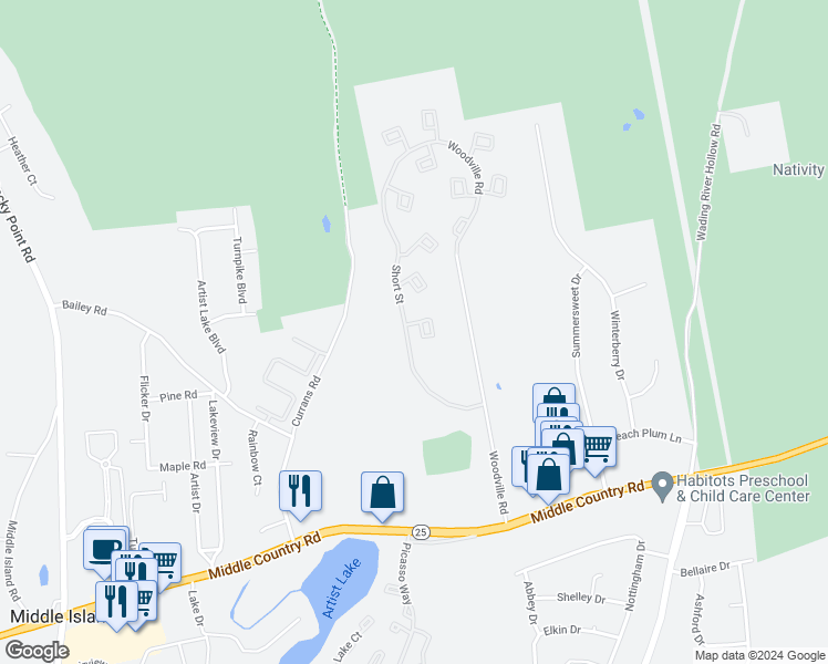 map of restaurants, bars, coffee shops, grocery stores, and more near 27 Amesworth Court in Middle Island