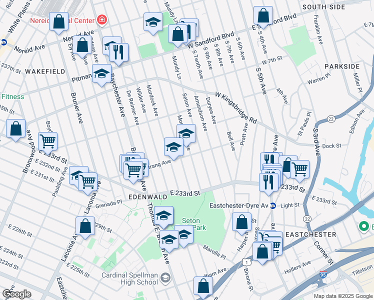 map of restaurants, bars, coffee shops, grocery stores, and more near 4011 Monticello Avenue in Bronx