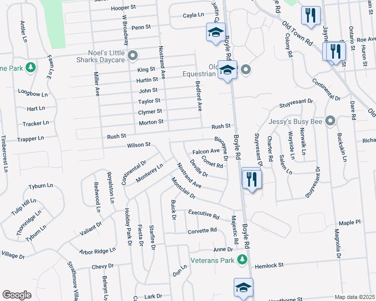 map of restaurants, bars, coffee shops, grocery stores, and more near 29 Deville Drive in Selden