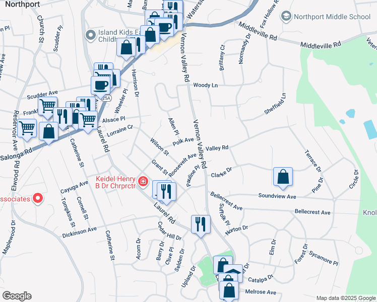map of restaurants, bars, coffee shops, grocery stores, and more near 49 Roosevelt Avenue in East Northport