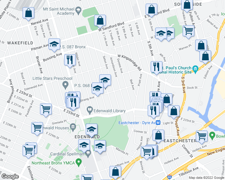 map of restaurants, bars, coffee shops, grocery stores, and more near 2143 Strang Avenue in The Bronx